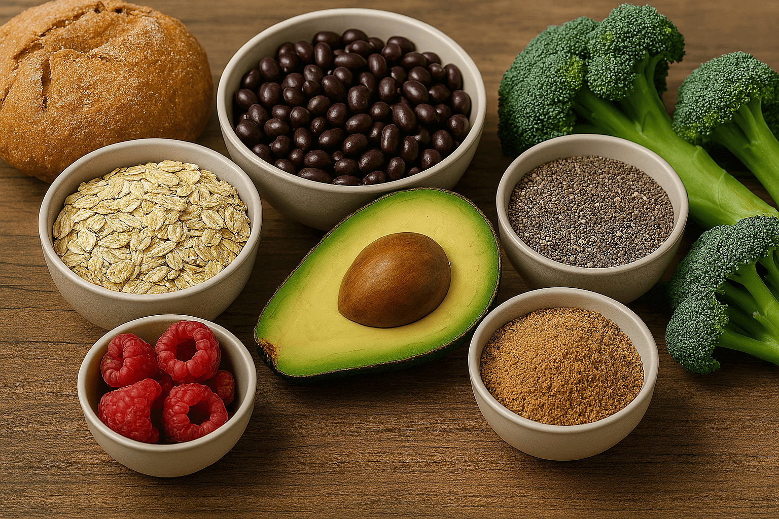 Stillleben mit Lebensmitteln die reich an Ballaststoffen: Haferflocken, Vollkornbrot, Hülsenfrüchte, Beeren und Nüssen auf moderner Küchenoberfläche.moderner Küchenoberfläche.