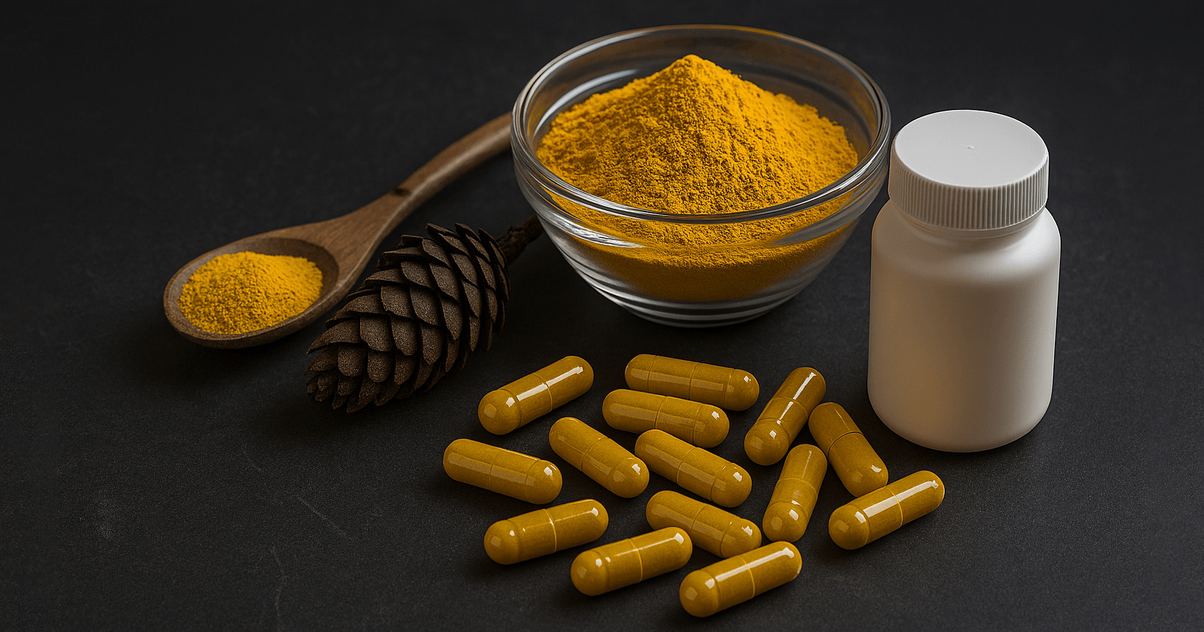 Eine Schale mit gelbem Berberinpulver, ein Holzlöffel mit Berberin, ein Tannenzapfen, gelbe Kapseln und eine weiße Flasche auf dunklem Untergrund.