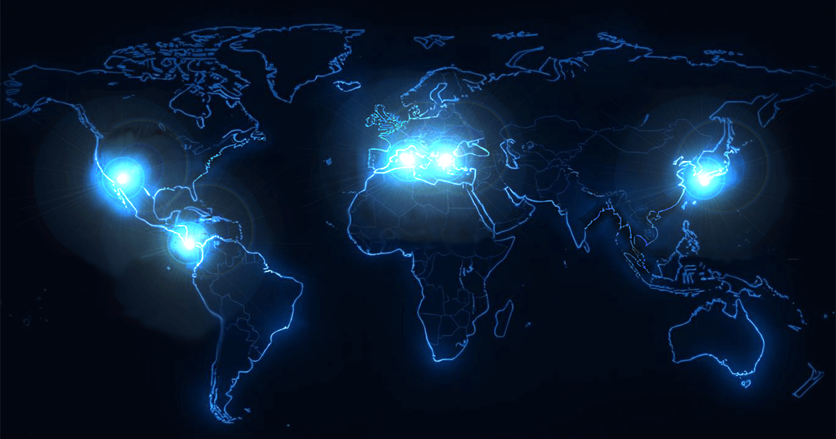 Eine Weltkarte mit den Umrissen der L'nder in neon-blau vor dunklem Hintergrund. Die Gegenden der Blue Zones sind mit hellen Sternen markiert.