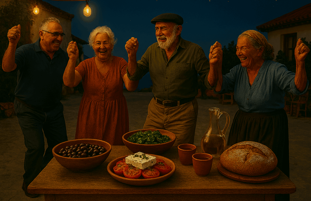 Ältere Männer und Frauen tanzen fröhlich auf einem Dorfplatz der griechischen Insel Ikaria bei einem abendlichen Fest, im Vordergrund ein Tisch mit mediterranen Speisen wie Bohnen, Wildkräutern, Brot, Olivenöl und Tee, im Hintergrund die Ägäis unter Sternenhimmel.