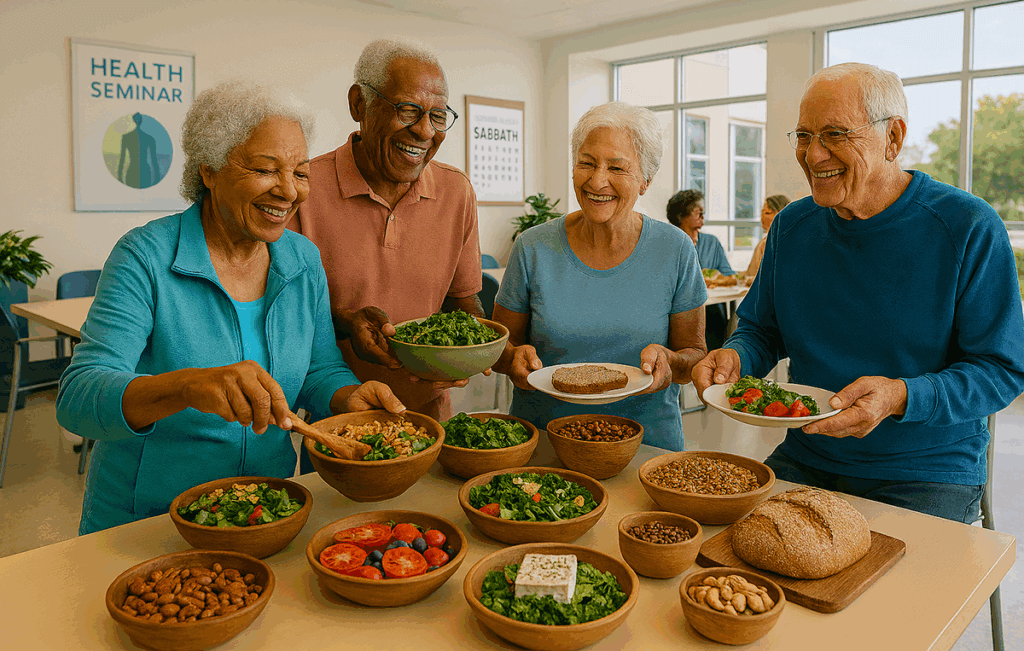 Eine Gruppe aktiver Senioren in einem modernen, sonnendurchfluteten Gemeinschaftszentrum in Loma Linda, Kalifornien, teilt ein buntes, rein pflanzliches Potluck-Mahl nach einer Yoga- oder Walking-Einheit; im Hintergrund ein Gesundheitsseminar-Poster und ein Kalender mit dem Sabbat.