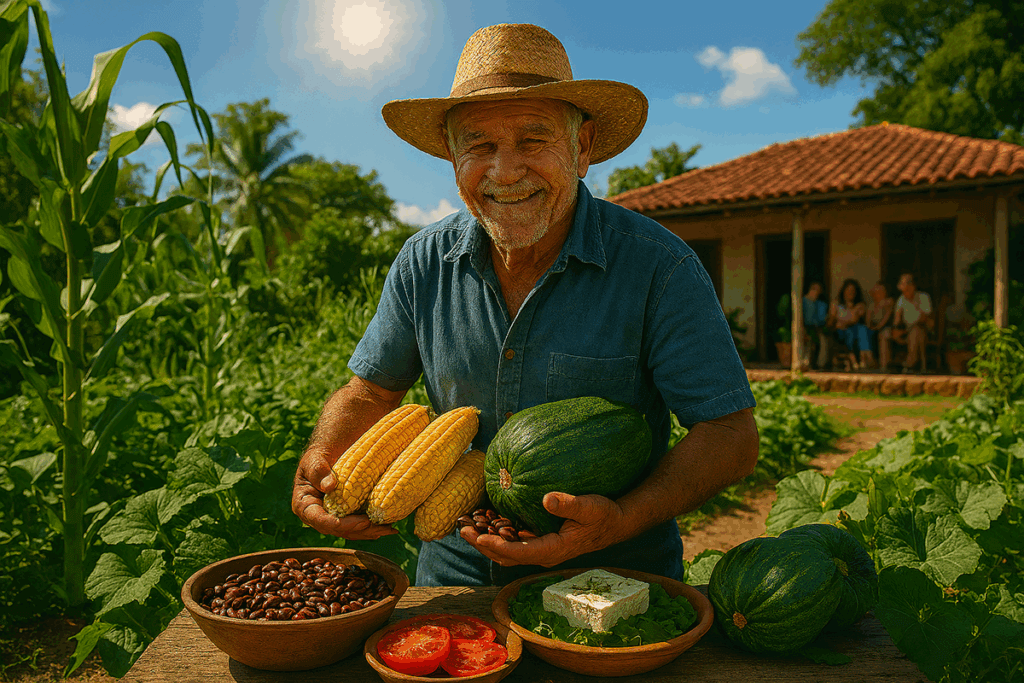 Ein älterer Mann mit Strohhut erntet Mais, Kürbis und Bohnen in einem sonnigen Garten auf der Nicoya-Halbinsel, im Hintergrund sitzt eine Familie lachend auf einer Veranda.