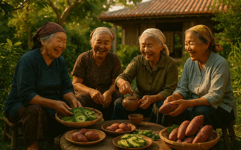 Vier ältere japanische Frauen sitzen lachend in einem üppigen Garten, bereiten Bittermelonen und Süßkartoffeln zu, im Hintergrund traditionelle Architektur, warmes Nachmittagslicht.
