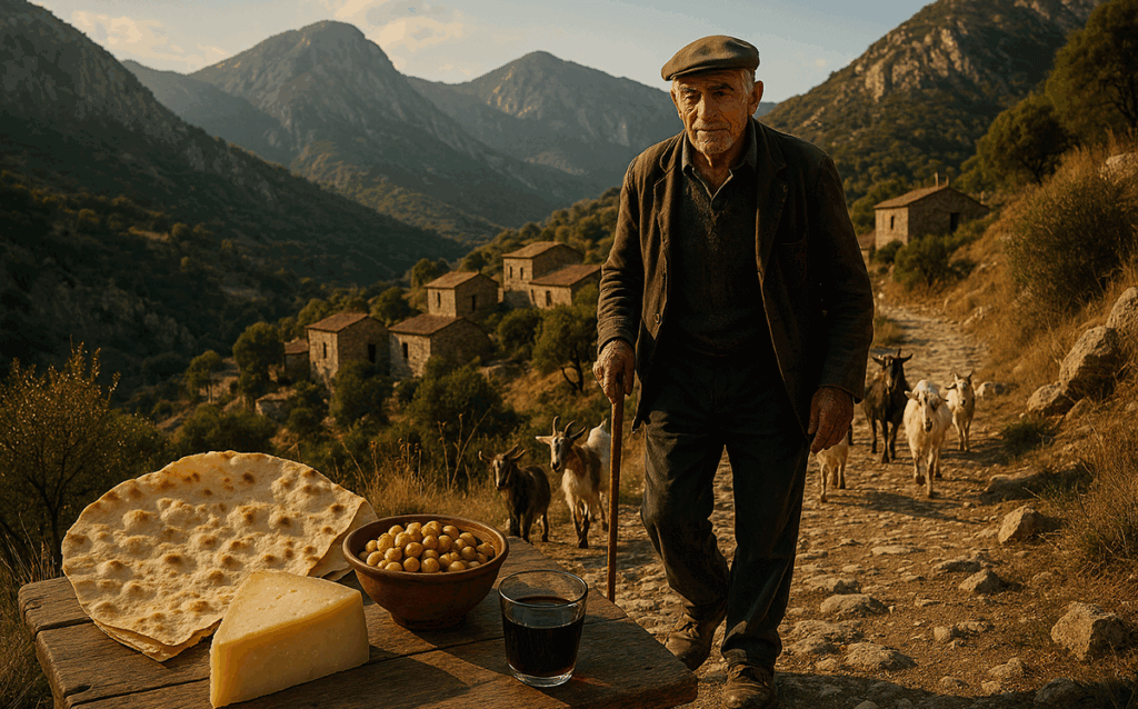 Älterer Hirte mit Ziegen auf einem Bergpfad in einem sardischen Dorf, daneben ein Holztisch mit traditionellem Brot, Käse, Oliven und einem Glas Rotwein in der Abendsonne.