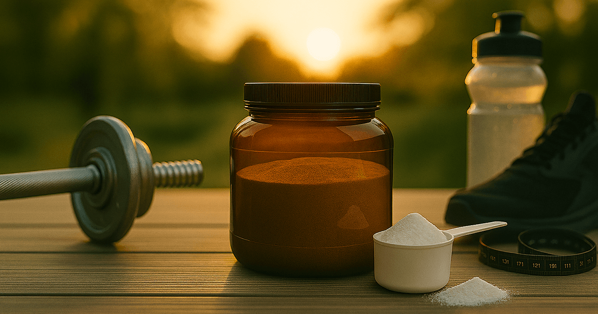 Creatin-Pulver und Sport-Equipment auf einem Gartentisch bei Sonnenuntergang, mit viel Freiraum im oberen Bildbereich.
