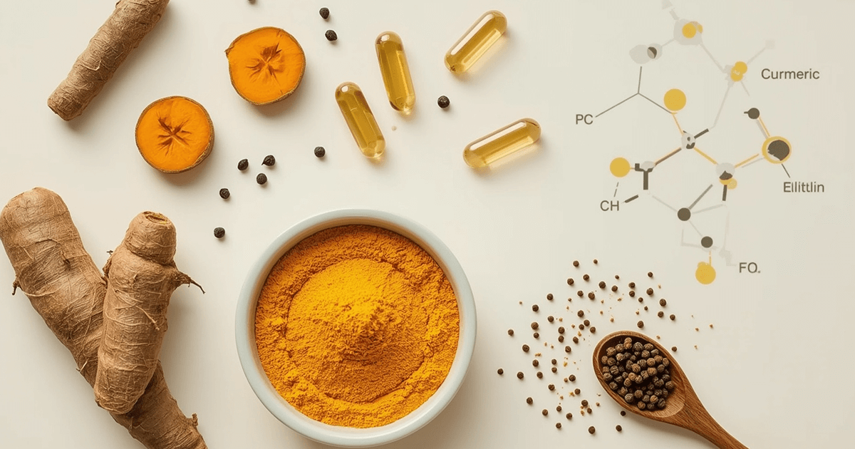 Kurkuma-Wurzeln, Kurkumapulver, Pfefferkörner und Kapseln auf heller Oberfläche, symbolische chemische Struktur von Curcumin im Hintergrund