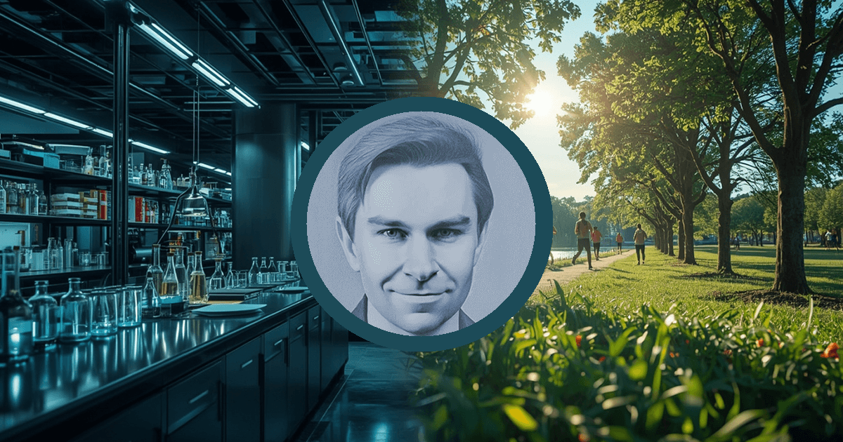 Grafik mit Labor und Glasgeräten links, sonnigem Park mit Bäumen rechts, zentrales kreisförmiges Porträt eines Mannes - es ist ein stilisiertes Portrait von David Sinclair