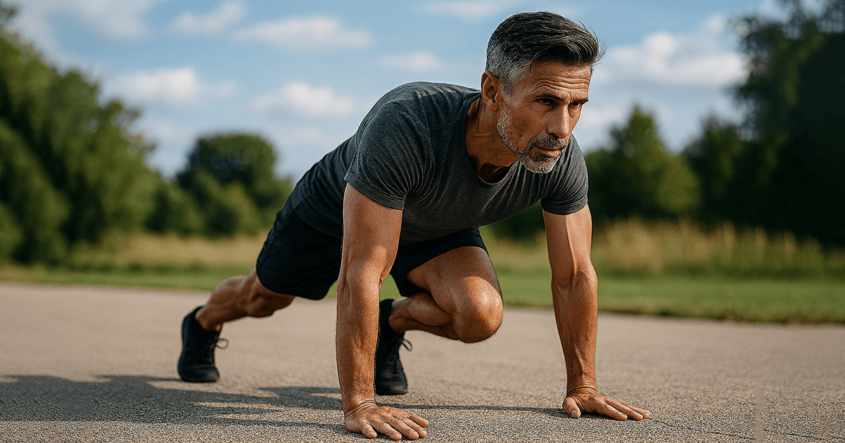Ein Mann mittleren Alters betreibt im freien HIIT (High Intensity Interval Training). Er stützt sich auf dem Boden ab und zieht gerade dynamisch ein Knie zur Brust. Im Hintergrund sind unscharf Bäume und eine Wiese zu sehen.