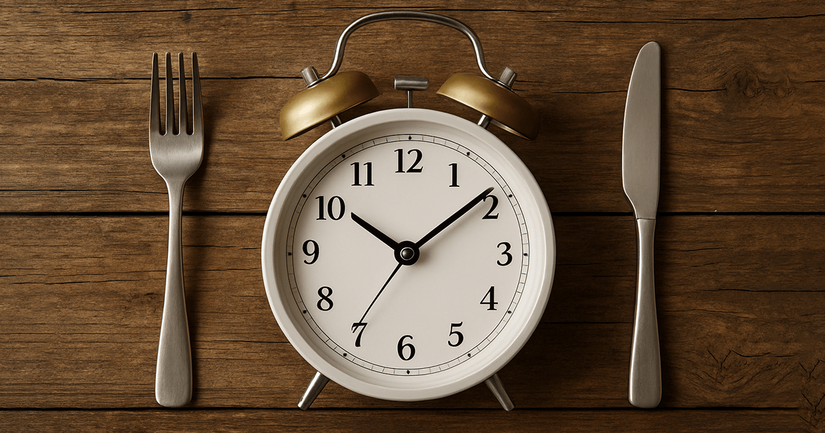 Symbol für das Intervallfasten: Eine weiße Weckeruhr zwischen Messer und Gabel auf rustikalem, dunklem Holztisch.