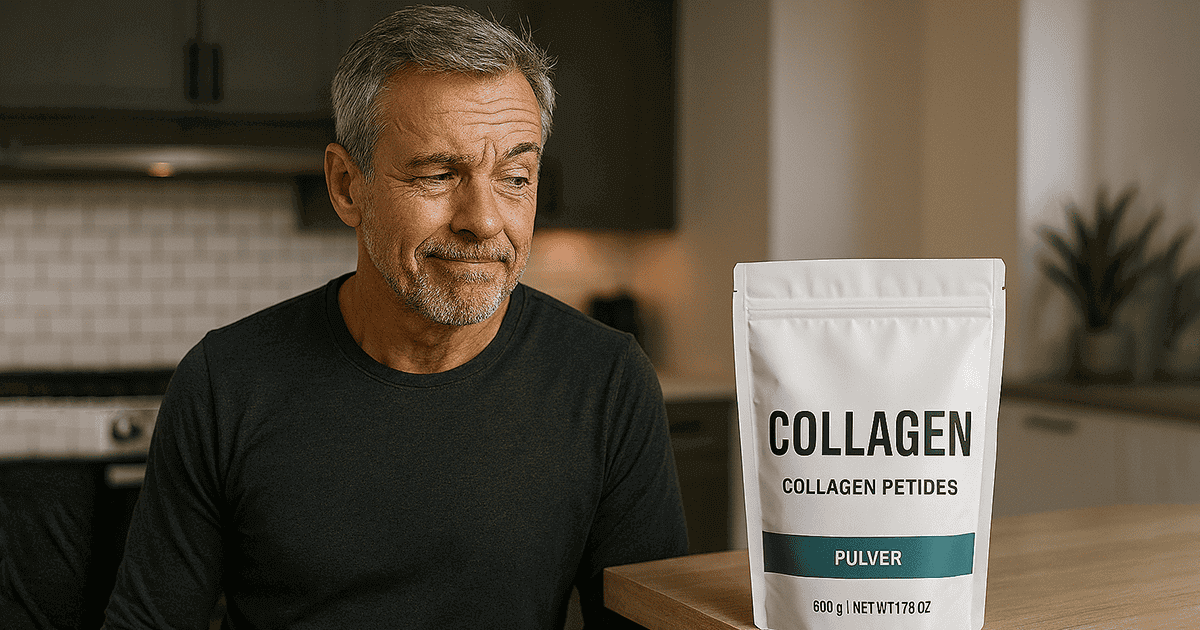 Mann betrachtet eine Packung Kollagen Pulver in der Küche. Sein Gesichtsausdruck ist eher skeptisch.