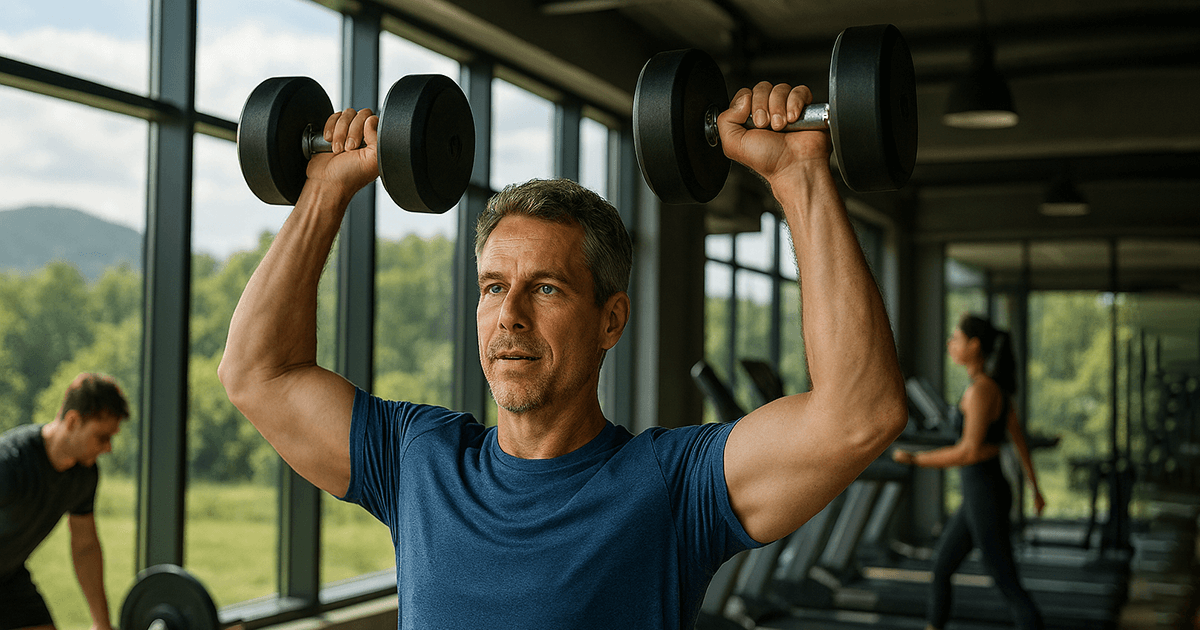 Ein dynamish aussehender ca. 40 Jahre alter Mann macht Schultertraining mit Kurzhanteln in einem modernen Fitnessstudio.