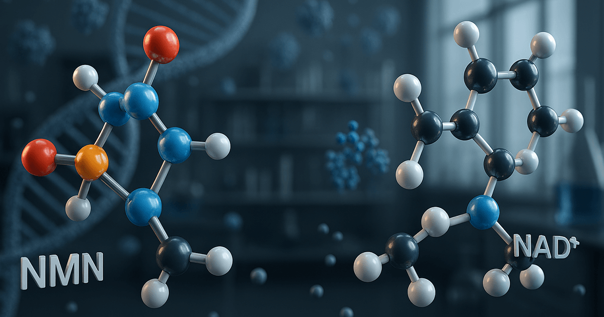 3D-Darstellung der Molekülstrukturen von NMN und NAD⁺ vor einem wissenschaftlichen Hintergrund mit DNA-Strängen.