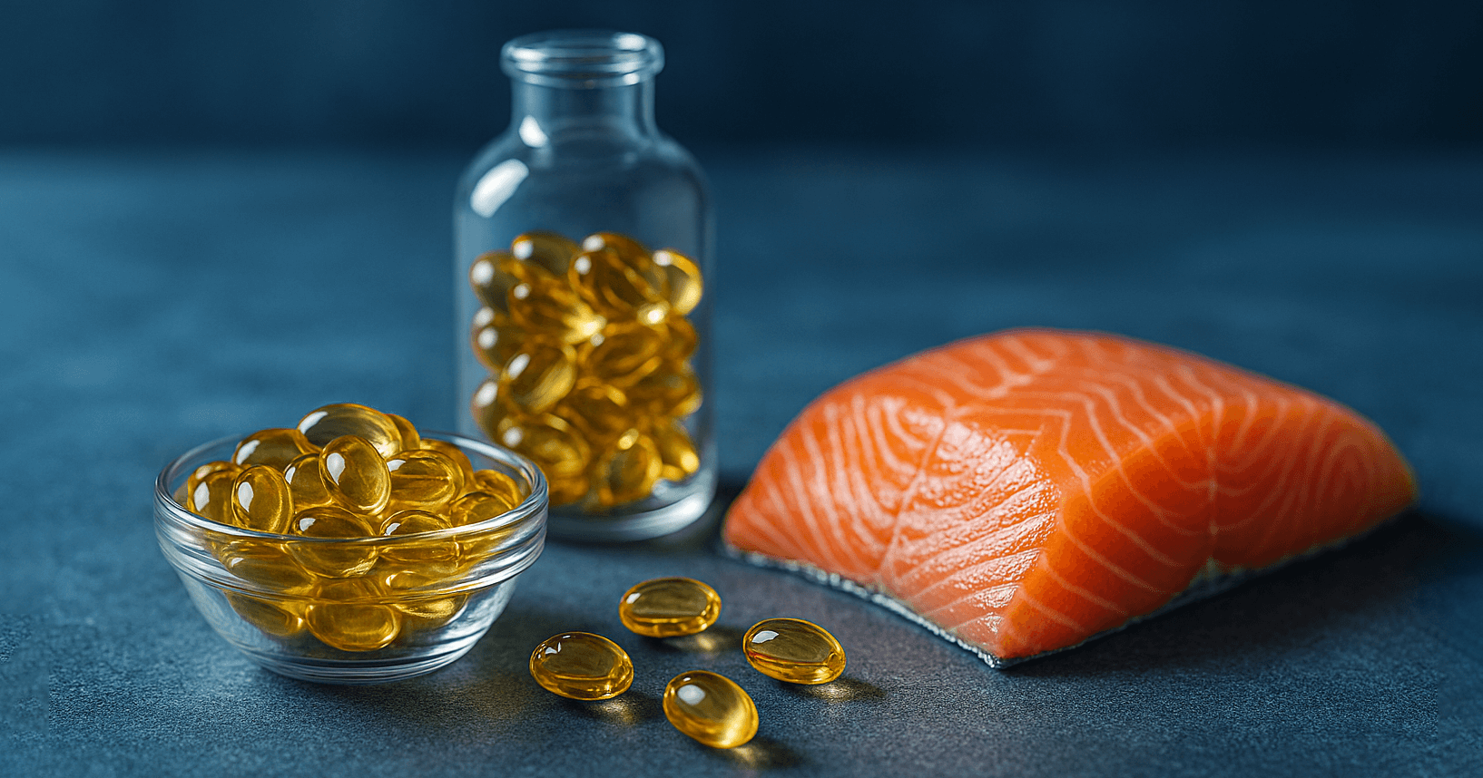 Rohes Lachsfilet neben einer Schale und einer Flasche mit goldenen Omega-3-Fischölkapseln auf dunkelblauem Untergrund.