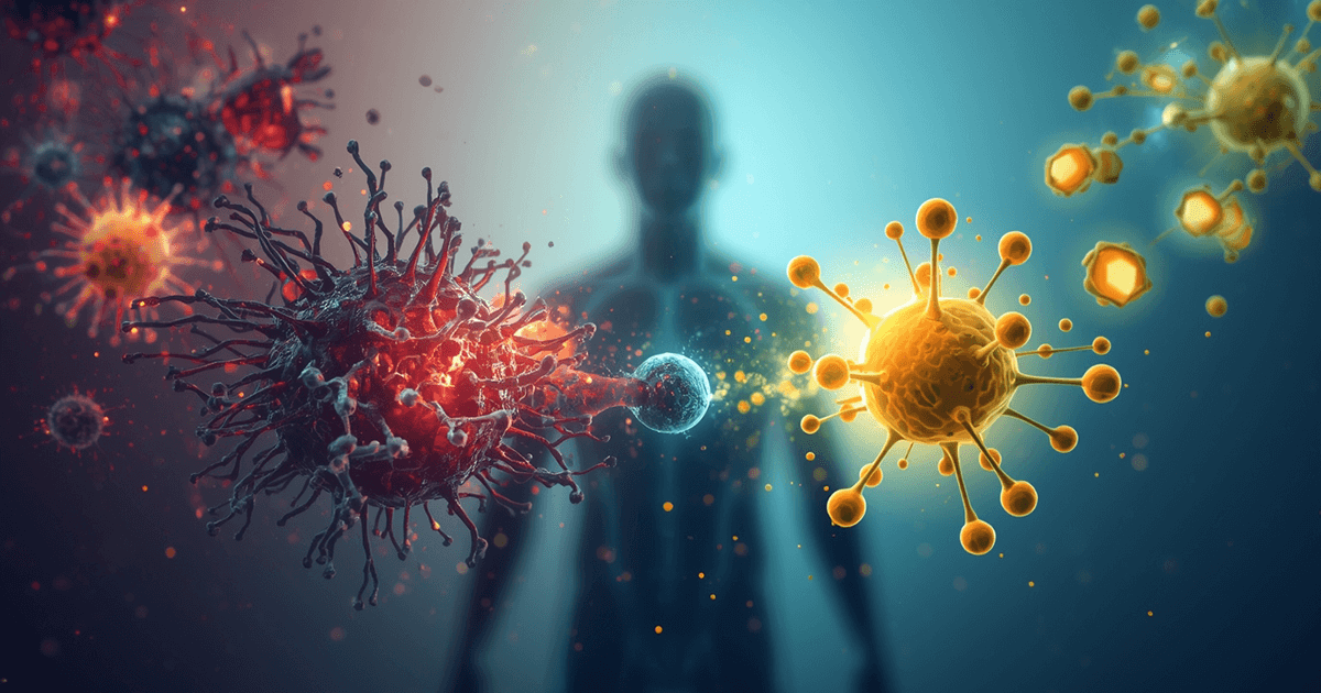 Illustration zum Thema Oxidativer Stress: Darstellung von Viren und Zellen in einer abstrakten Szene mit einer menschlichen Silhouette im Hintergrund, symbolisiert freie Radikale und gesunde Körperzellen.