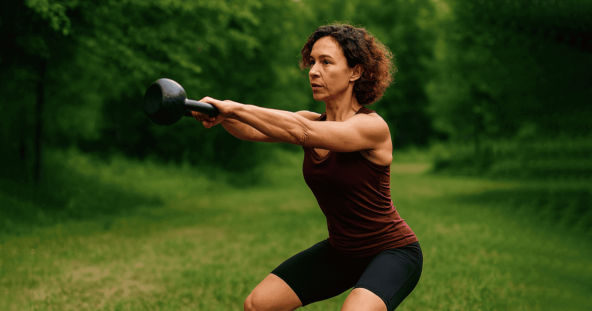 Frau beim Power-Workout mit Kettlebell in einem satten, grünen Park.
