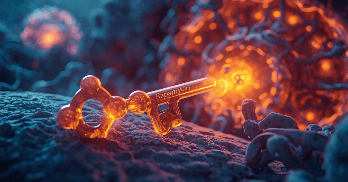 Illustration eines leuchtenden Schlüssels mit der Aufschrift „Rapamycin“, der in eine molekülartige Struktur passt – symbolische Darstellung des Wirkmechanismus auf zellulärer Ebene.