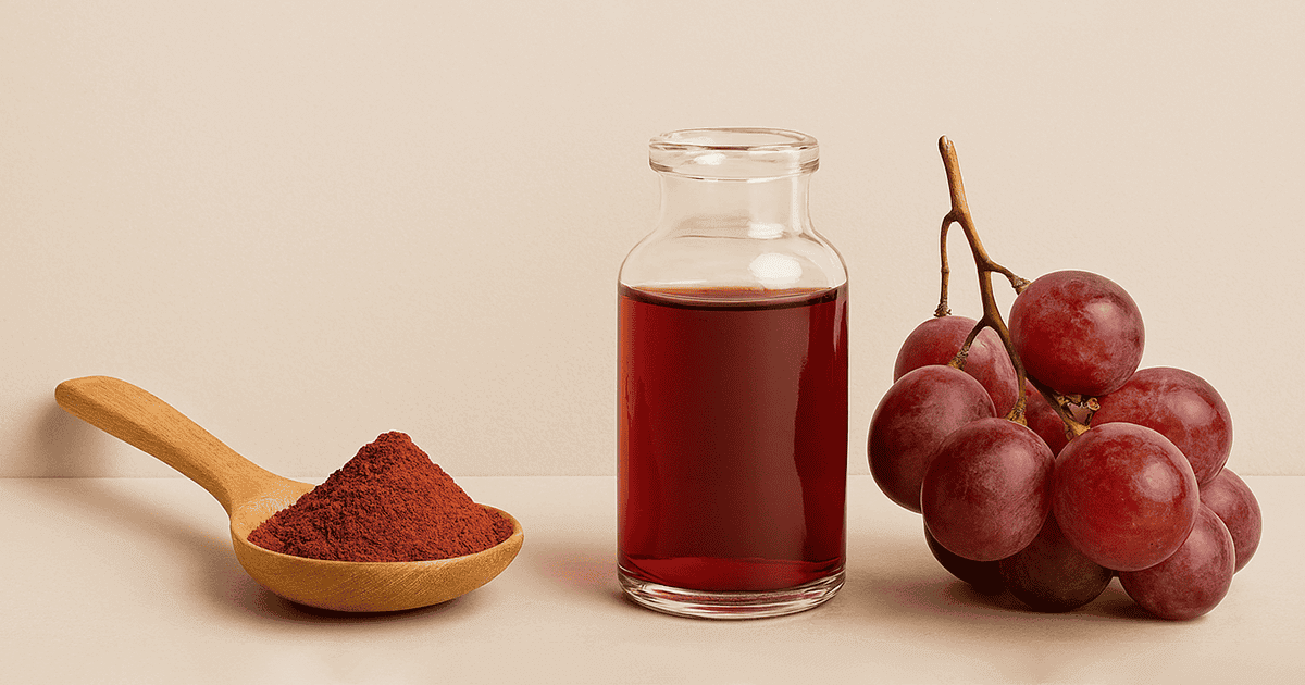 Resveratrol, smybolisiert durch rote Weintrauben, Rotwein und Nahrungsergänzung in Form eines Pulvers