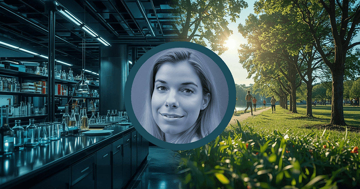 Grafik mit Labor und Glasgeräten links, sonnigem Park mit Bäumen rechts, zentrales kreisförmiges Porträt einer Frau - es ist ein stilisiertes Portrait von Rhonda Patrick