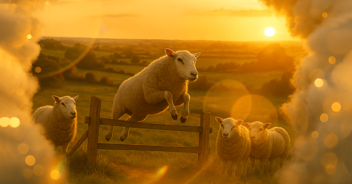 Schlafhygiene: Fotorealistische Fantasielandschaft bei Sonnenuntergang mit grünen Wiesen, einer springenden Schafherde vor einem Holzzaun, weichen Wolkenrahmen, Bokeh- und Lens-Flare-Effekten.