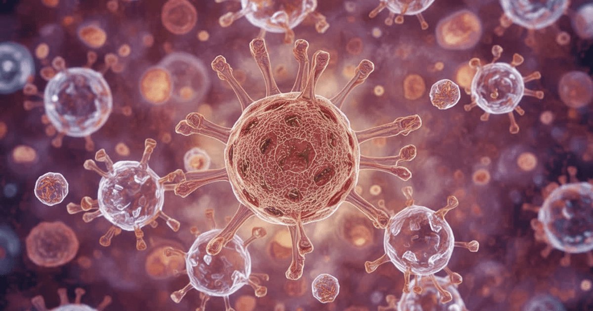 Darstellung von Viren oder Zellen unter dem Mikroskop in rötlich-violettem Farbschema. Senolytika bringen veraltete Zellen zum Absterben.