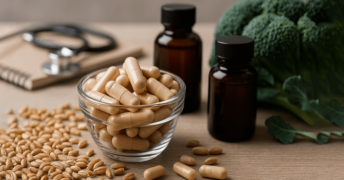 Glasschale mit braunen Spermidin Kapseln neben Weizenkörnern und Brokkoli, im Hintergrund Stethoskop und Notizbuch