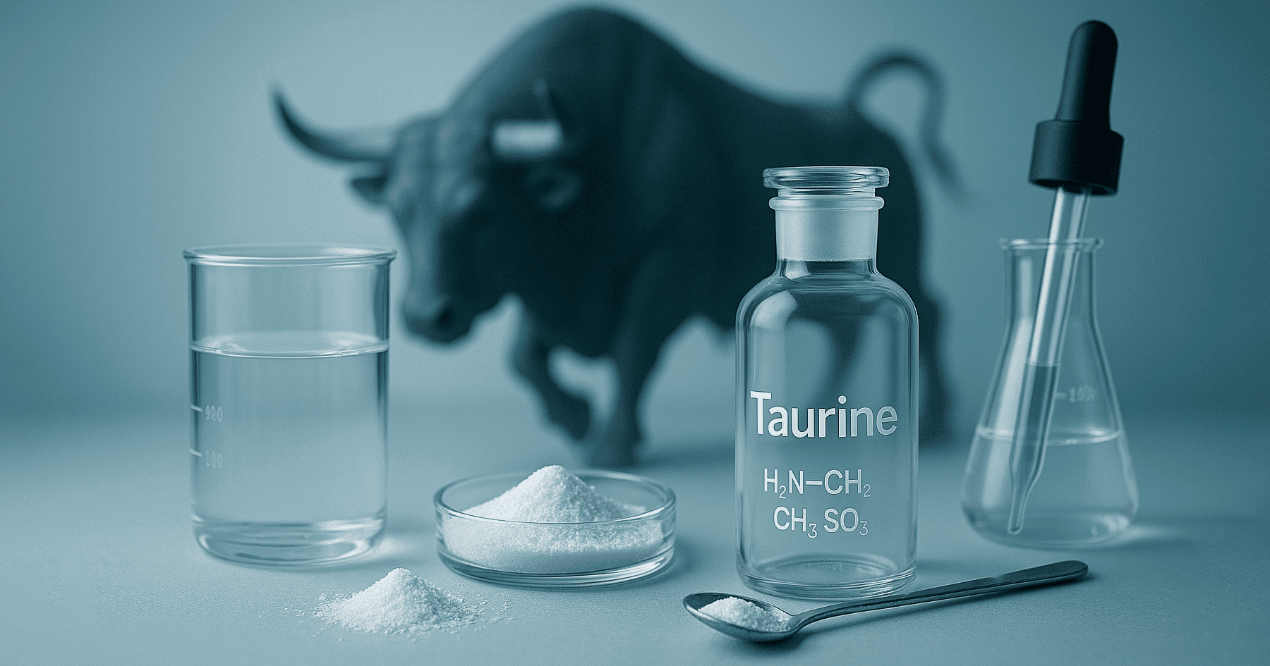 Taurin wird als chemischer Stoff dargestellt: Weißes Pulver in Petrischale, Laborkolben mit Pipette. Im Hintergrund ein Stier in Angriffstellung.