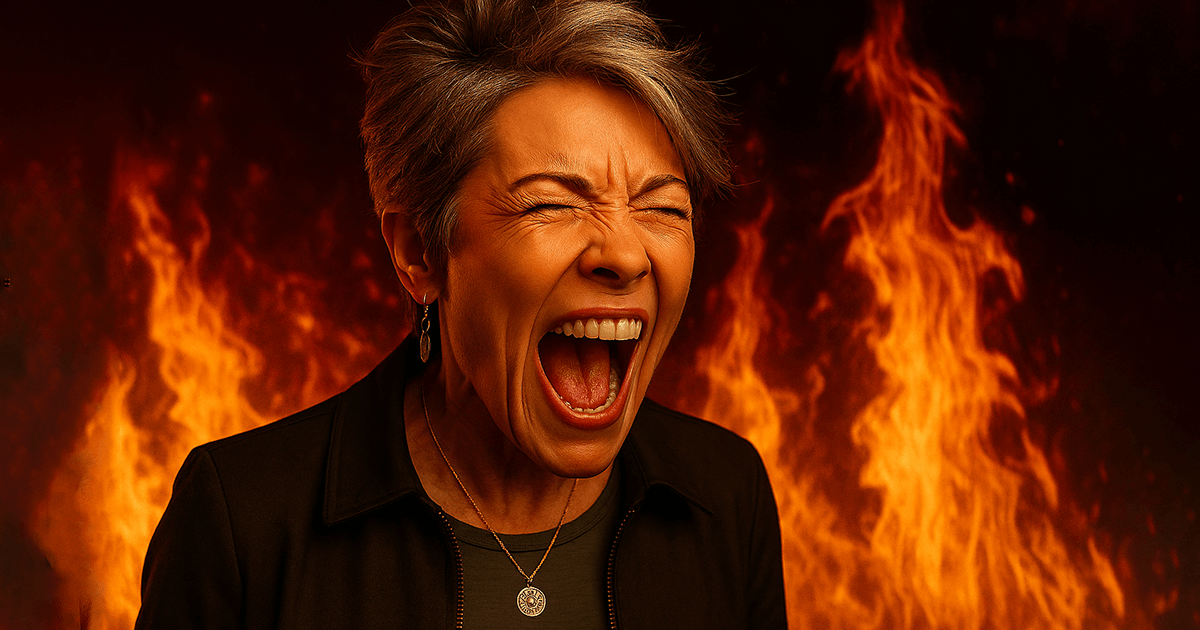 Ausdrucksstarke, Frau mittleren Alters mit kurzen Haaren vor einem leuchtenden Flammenhintergrund, Symbol für Energie und Leidenschaft. Sie stößt einen gut gelaunten Schrei aus. Symbolbild für die Hormonersatztherapie.