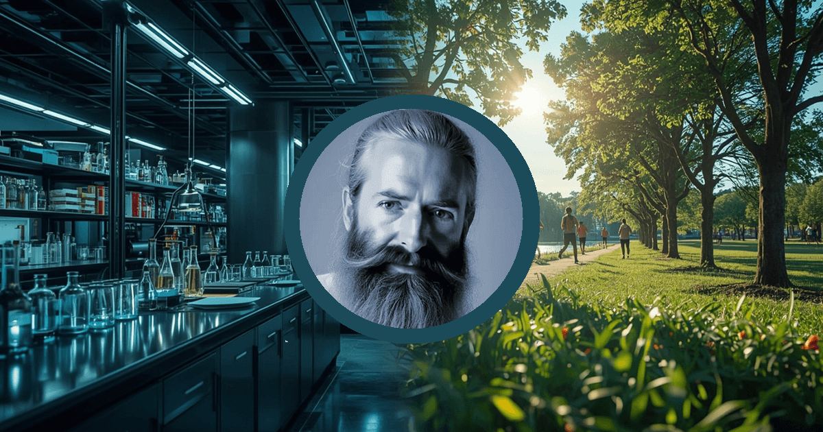 Grafik mit Labor und Glasgeräten links, sonnigem Park mit Bäumen rechts, zentrales kreisförmiges Porträt eines Mannes - es ist ein stilisiertes Portrait von Aubrey de Grey