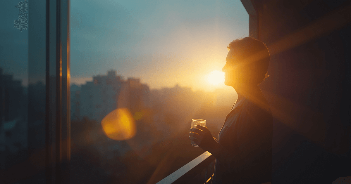 Eine person in ihren 50ern steht bei Sonnenaufgang auf einem Balkon, ein Glass Wasserin der Hand haltend. Eion Symbold für die Chronobiologie der inneren Uhr.