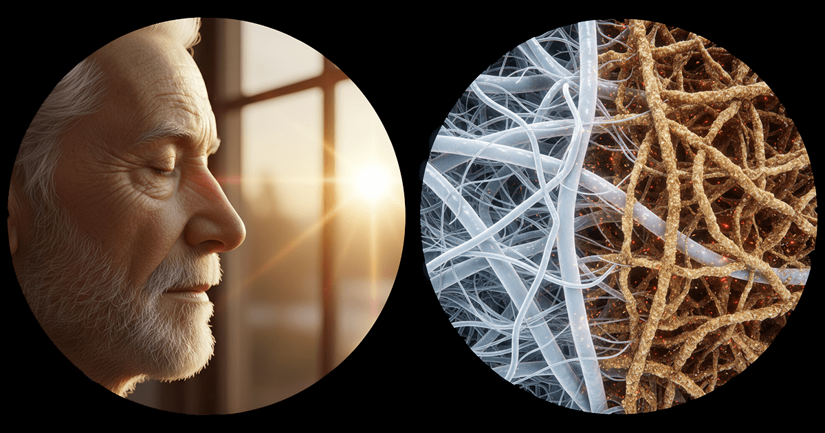 Porträt eines älteren Mannes im Sonnenlicht neben einer künstlerischen Darstellung von veränderten Hautzellen, symbolisch für Glykation im Kollagen-Gewebe