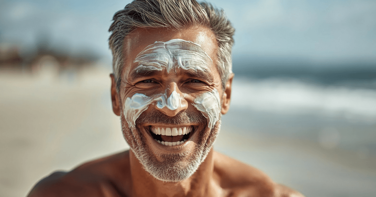 Ein etwas 50 Jahre alter Mann am Strand, er lacht und hat das Gesicht mit Sonnencreme verschmiert. Ein Symbol für vernünftige Pflege gegen Hautalterung.