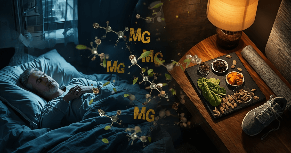chlafender Mann; Magnesium‑Moleküle schweben; Nachttisch mit magnesiumreichen Lebensmitteln – Symbol für Schlaf und Regeneration.