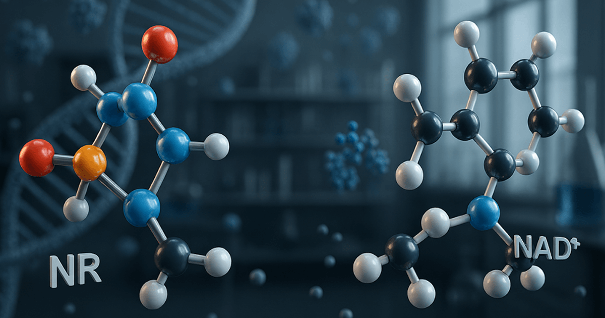 3D-Darstellung der Molekülstrukturen von Nicotinamid-Ribosid (NR) und NAD⁺ vor einem wissenschaftlichen Hintergrund mit DNA-Strängen.