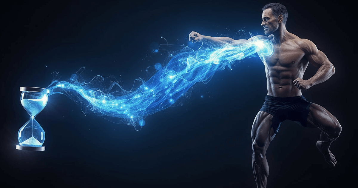 Muskulöser Mann in Kampfpose, verbunden mit leuchtender Energie aus einer Sanduhr – Symbol für Training gegen Sarkopenie und den Lauf der Zeit.