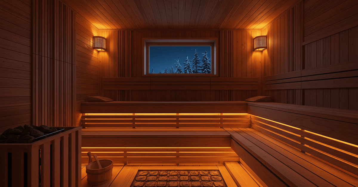 Eine gemütlicher Sauna ohne Personen, mit Holzbänken und warmem, gedämmten Licht. Durchs Fenster eine nächtlicher, verschneiter Wald.