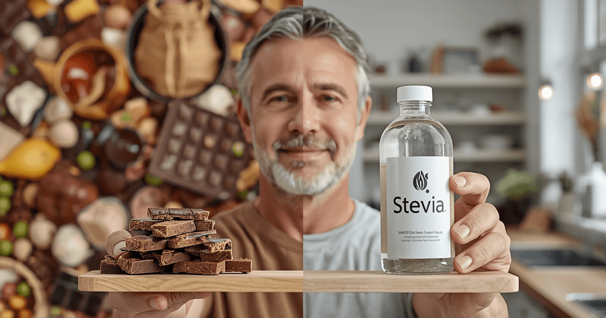 Geteilte Szene: Mann mittleren Alters hält links eine Platte mit Schokolade, rechts eine Stevia‑Flasche – symbolischer Vergleich Zucker vs. Süßstoffe