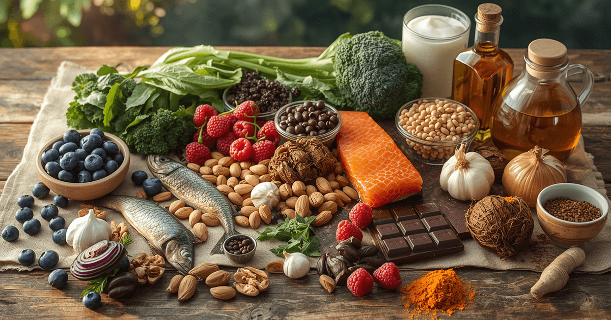 Eine reichhaltige Auswahl an Superfoods: Gesunde Lebensmittel wie Fisch, Beeren, Nüssen, Gemüse und Gewürzen, appetitlich auf einem Holztisch arrangiert.