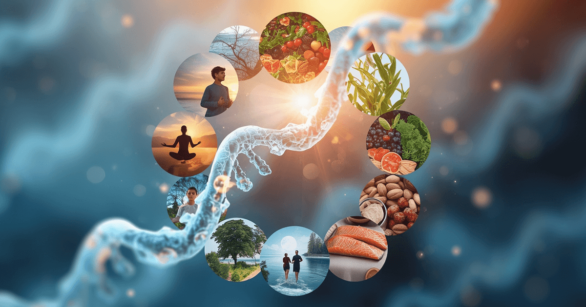 DNA-Helix umringt von Symbolbildern für Gewohnheiten, die Telomere begünstigen: Bewegung, Meditation, Gemüse, Beeren, Nüsse, Lachs und Naturspaziergänge.