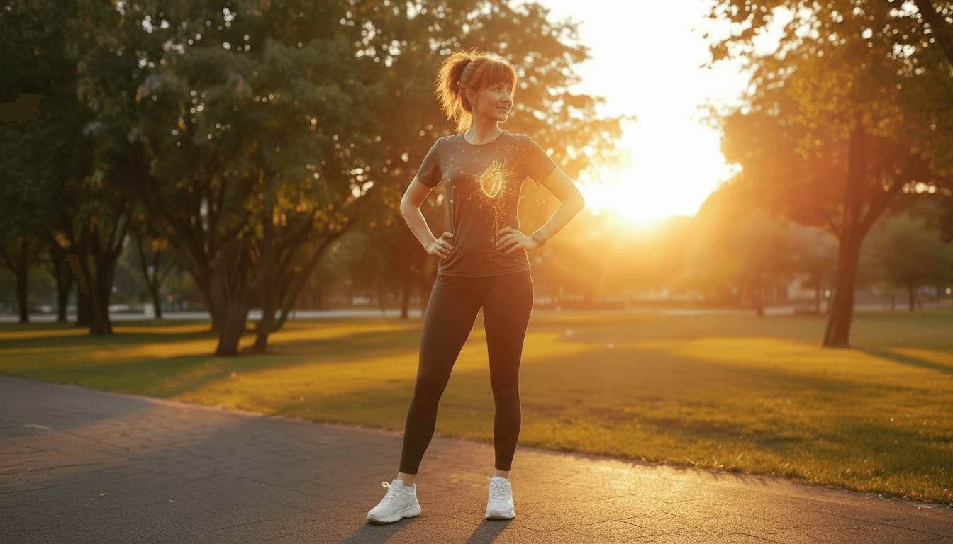 Eine etwa 40-50 Jahre alte Frau steht in Sportkleidung in einem Park, ihr Herz leuchtet im Brustbereich. Symbol für Messung des VO2max Wertes.