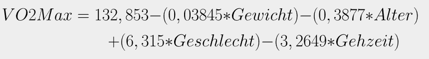 A mathematical formula for calculating the VO2max value with the Rockport test method.