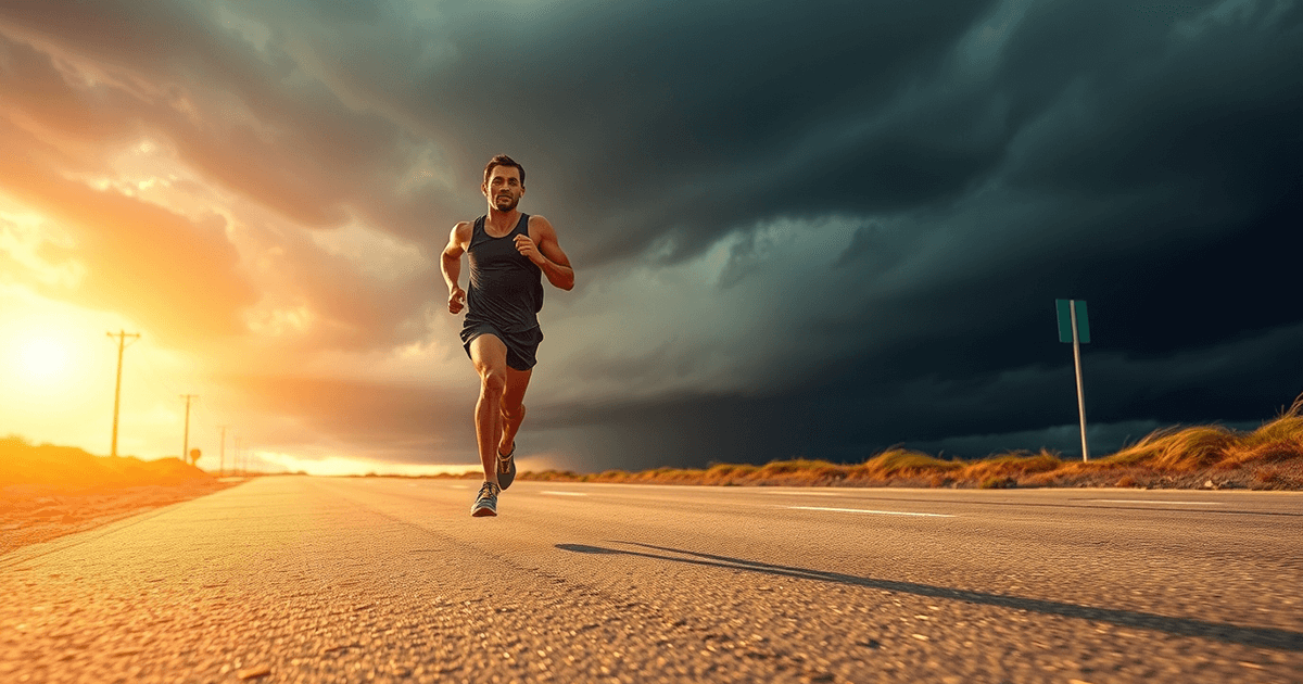 Zone 2 Training: Mann joggt bei Sonnenuntergang auf einer Landstraße, dunkle Gewitterwolken im Hintergrund