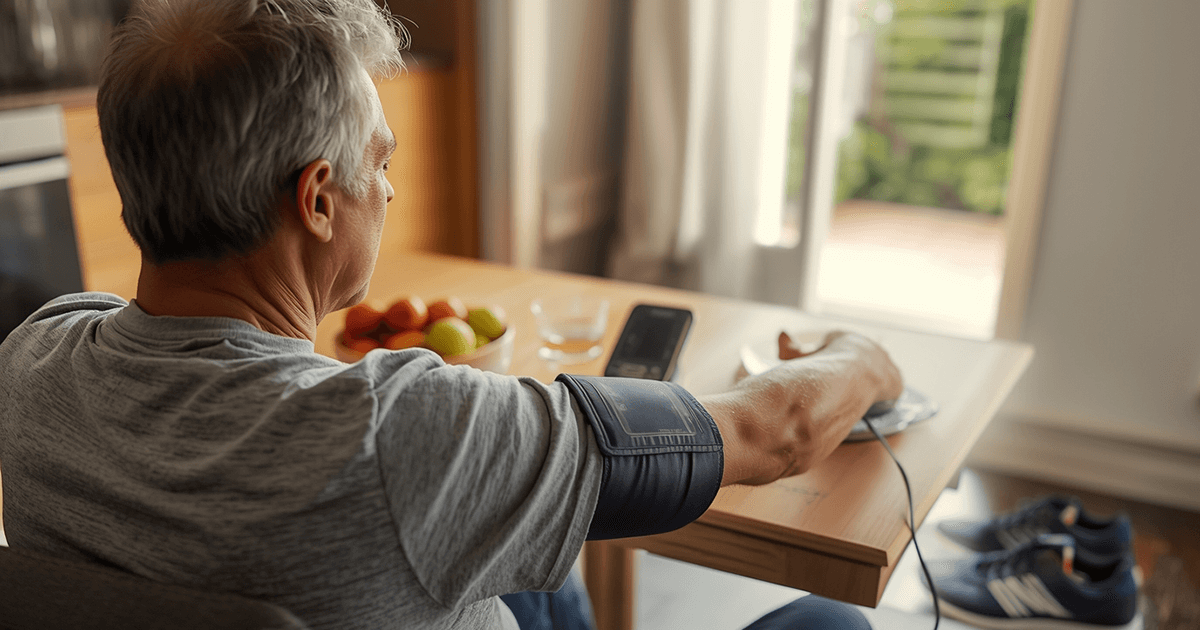 Person misst ihren Blutdruck mit einer Oberarmmanschette am Küchentisch, Blutdruckmessgerät liegt auf dem Tisch neben einer Obstschale.