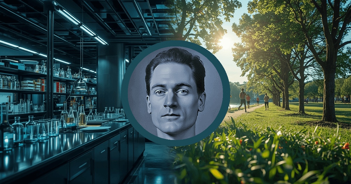 Grafik mit Labor und Glasgeräten links, sonnigem Park mit Bäumen rechts, zentrales kreisförmiges Porträt eines Mannes - es ist ein stilisiertes Portrait von Bryan Johnson