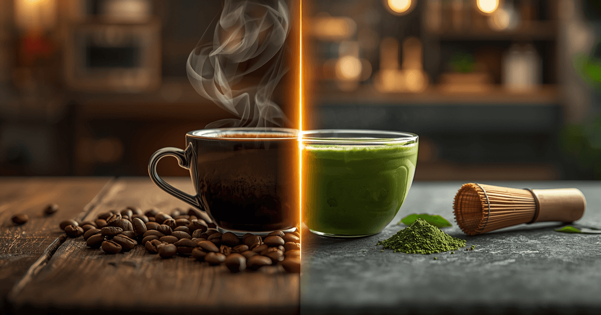 Kaffee oder Grüntee? Gegenüberstellung einer dampfenden Kaffeetasse mit Kaffeebohnen und einer Schale Matcha-Tee mit Matchapulver in einer warm beleuchteten Umgebung.