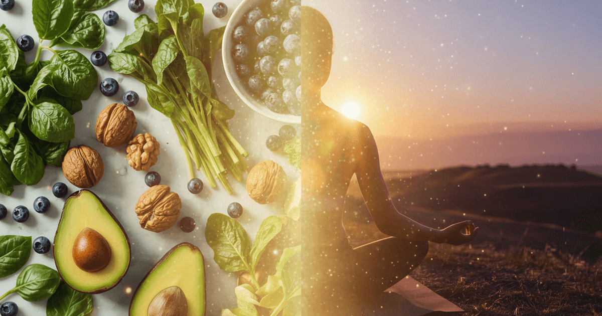 Eine Meditationsszene bei Sonnenuntergang überlagert mit einer Anordnung von gesunden Lebensmitteln wie Spinat, Blaubeeren, Walnüssen und Avocado – symbolisiert Ganzheit und Wohlbefinden. Ein Symbolbild, wie man seine Leber gesund hält.
