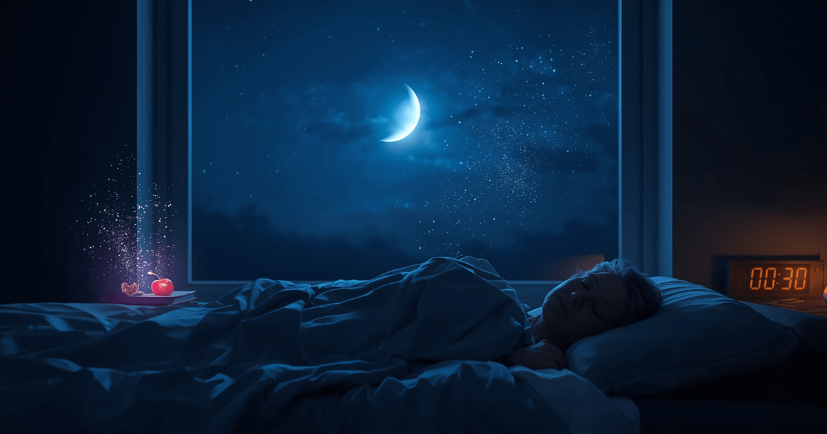 Nächtliche Szene: Eine Person liegt friedlich schlafend im Bett. Durchs Fenster sieht man den Mond scheinen, eine Uhr zeigt 0:30 an - auf einer Kommode liegt ein Apfel, der das Schlafhormon Melatonin symbolisiert.