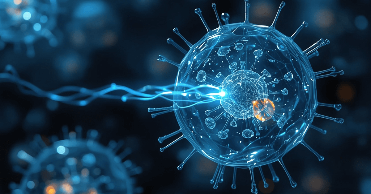 Eine Makro-Visualisierung des Anti-Aging-Medikaments Metformin, das in einer menschlichen Zelle arbeitet. Die Szene zeigt einen leuchtend blauen Energiestrom, der sanft einen glühenden mitochondrialen Komplex hemmt und einen diamantförmigen AMPK-Sensor aktiviert.