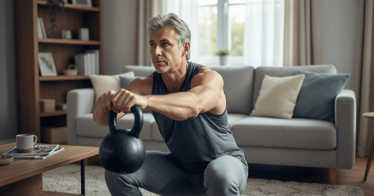 Grauerhaariger Mann macht eine Kniebeuge mit Kettlebell im Wohnzimmer. Symbol für den Minimalismus im Training.