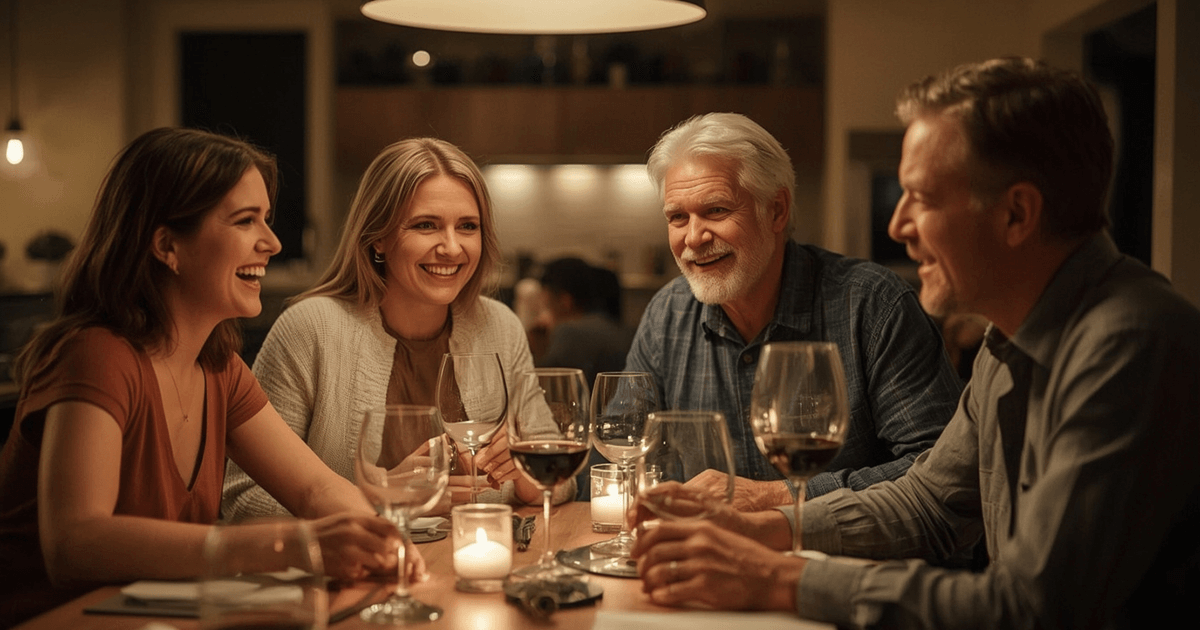 Vier Erwachsene sitzen lachend an einem Esstisch mit Weingläsern in gemütlicher Abendatmosphäre. Ein Smybolbild für Soziale Kontakte und Ihre positive Bedeutung.