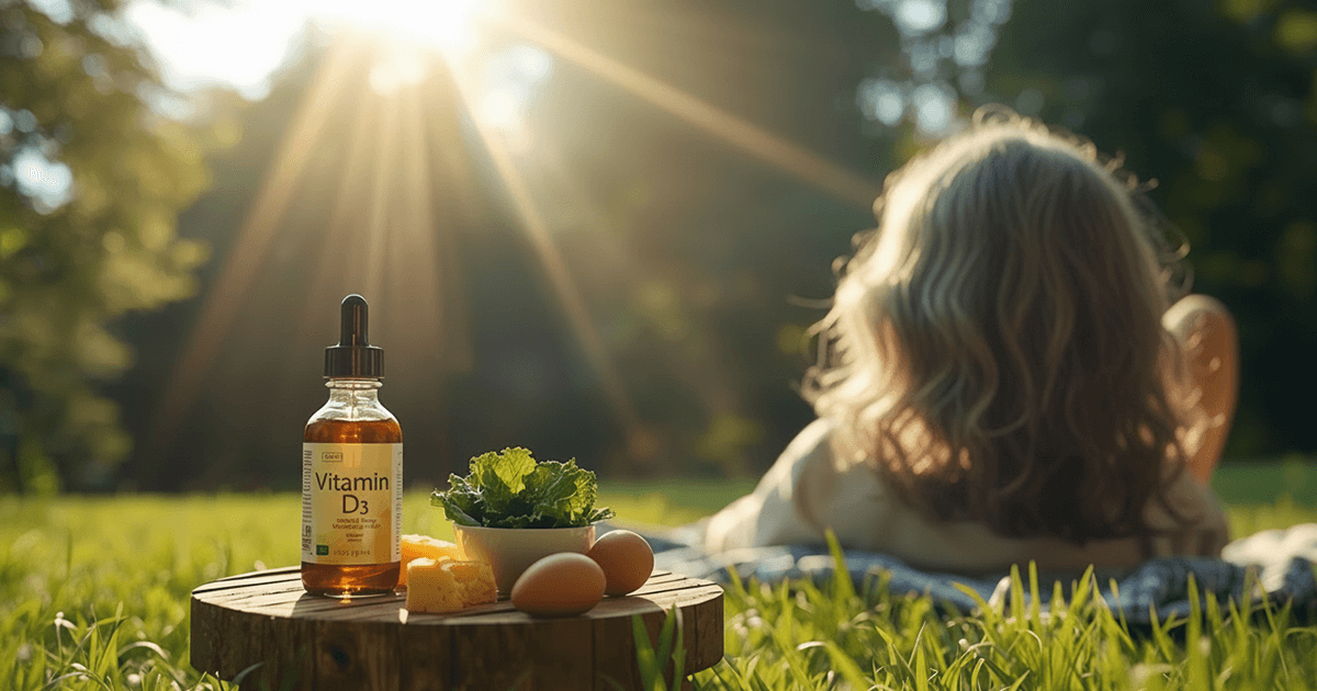 Vitamin D3 Flasche und frische Lebensmittel im Sonnenschein auf einer Wiese, während eine Person im Hintergrund im Gras liegt.